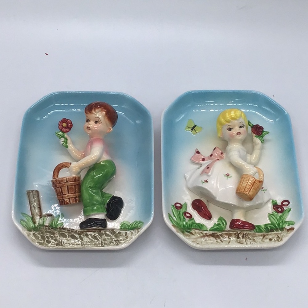 Vintage Lefton ESD Ceramic Jack & Jill 3-D Wall Hangings